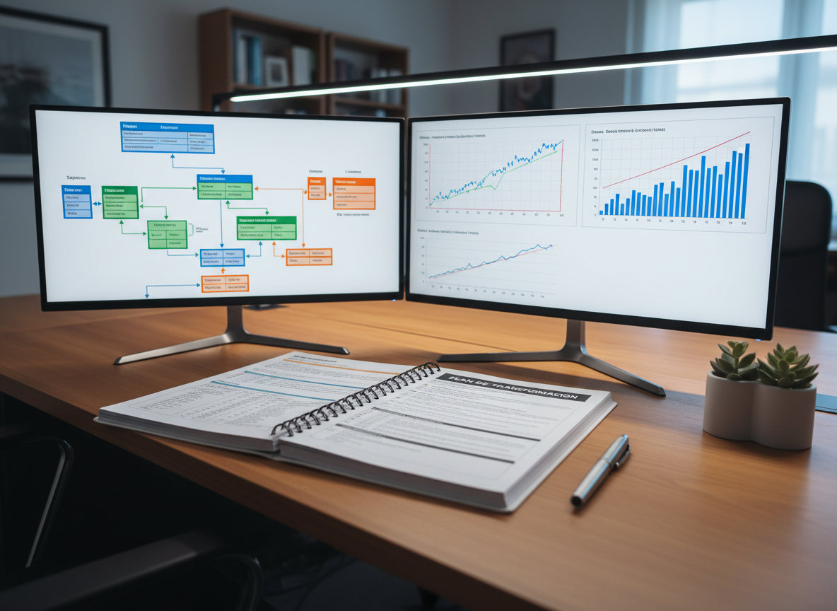 A detailed, eye-level photographic scene of a dual-monitor workstation dedicated to continuous improvement consulting. One screen shows a value stream map with colored process boxes and arrows, while the second monitor displays a control chart and Pareto diagram. On the desk, a bound improvement roadmap labeled “Plan de Transformación” lies open beside a stainless-steel pen and a small, simple desk plant in a white ceramic pot. Cool, even LED task lighting from above highlights the paper’s texture and the crisp lines of the charts, casting minimal shadows. The background office environment is softly blurred, creating a focused, calm, and methodical atmosphere that reflects rigorous, data-backed process consulting.