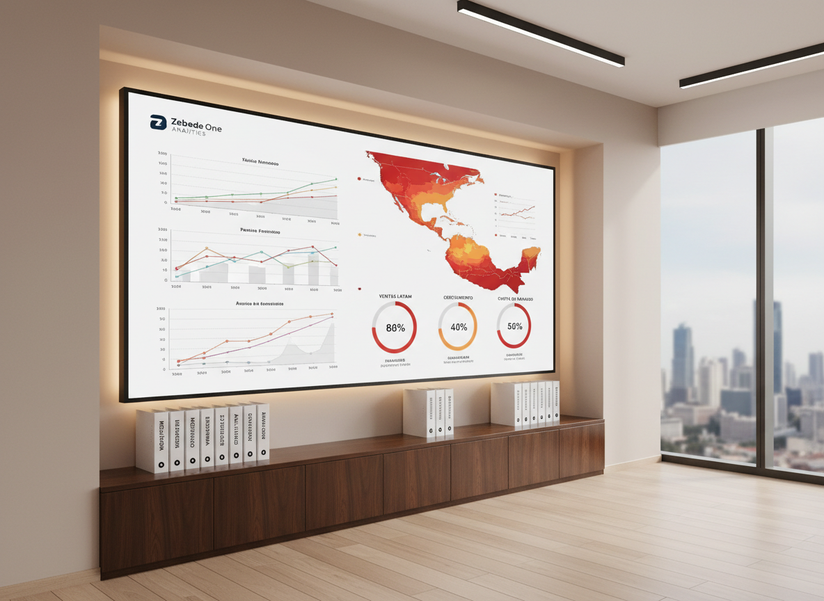 A large, wall-mounted digital screen in a modern office space displaying a sophisticated business analytics dashboard for a Latin American market: multi-colored line graphs, heat maps of Central America, and performance indicators prominently labeled in Spanish. Below, a sleek credenza holds tidy binders with labeled spines for “Mejora Continua,” “Estrategia,” and “Analítica de Datos.” The room features neutral walls, a light wood floor, and a subtle view of Panama City’s skyline through a side window. Warm, indirect LED lighting and soft daylight blend to create balanced illumination, with photographic realism and wide-angle composition emphasizing clarity, structure, and strategic insight, conveying the analytical strength of Zebede One Analytics.