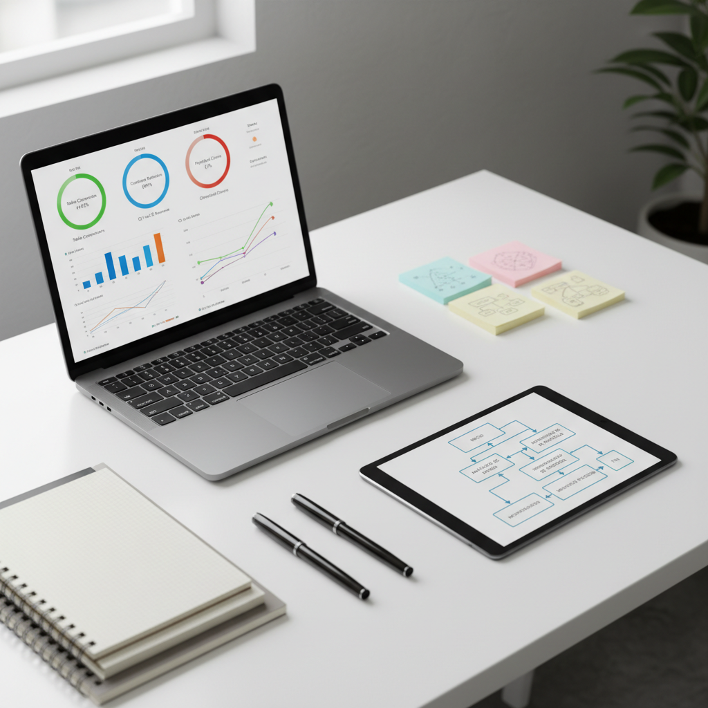 A close-up, overhead photographic view of a minimalist white desk displaying a meticulously arranged analytics workspace: a silver laptop showing a detailed dashboard with KPI gauges, bar charts, and predictive trend lines; beside it, a tablet with a process improvement flowchart labeled in Spanish; around them, neatly aligned notebooks, fine-tip pens, and sticky notes with hand-drawn diagrams. Soft, diffused daylight from an unseen window creates a clean, shadow-light balance and gentle reflections on the devices’ glass screens. The composition uses rule of thirds, with sharp focus on the data visuals and a subtly blurred background, generating a calm, organized, and highly professional mood that highlights data-driven business consulting.